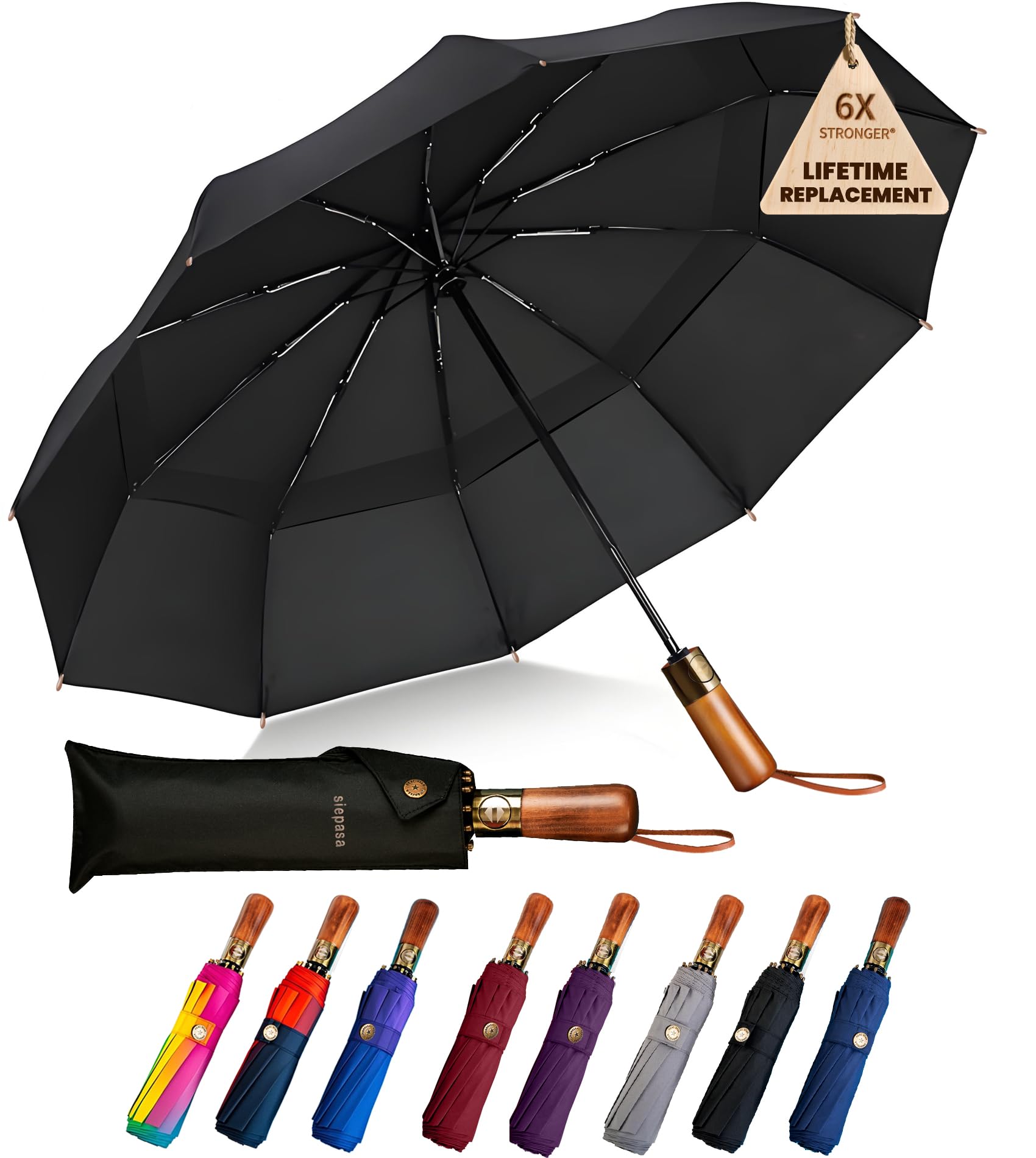 SIEPASA 49/54/62 Inch Windproof Golf Umbrella - Automatic Open/Close, Real Wood Handle - Large Folding Travel Umbrella for Wind, Rain & Sun Protection