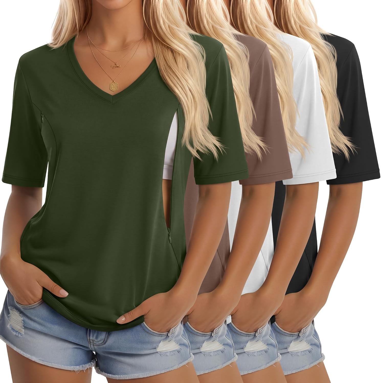 4 Pack Women's Nursing Shirt for Breastfeeding with Hidden Zipper Half Sleeves Tops V Neck Postpartum Maternity Tee