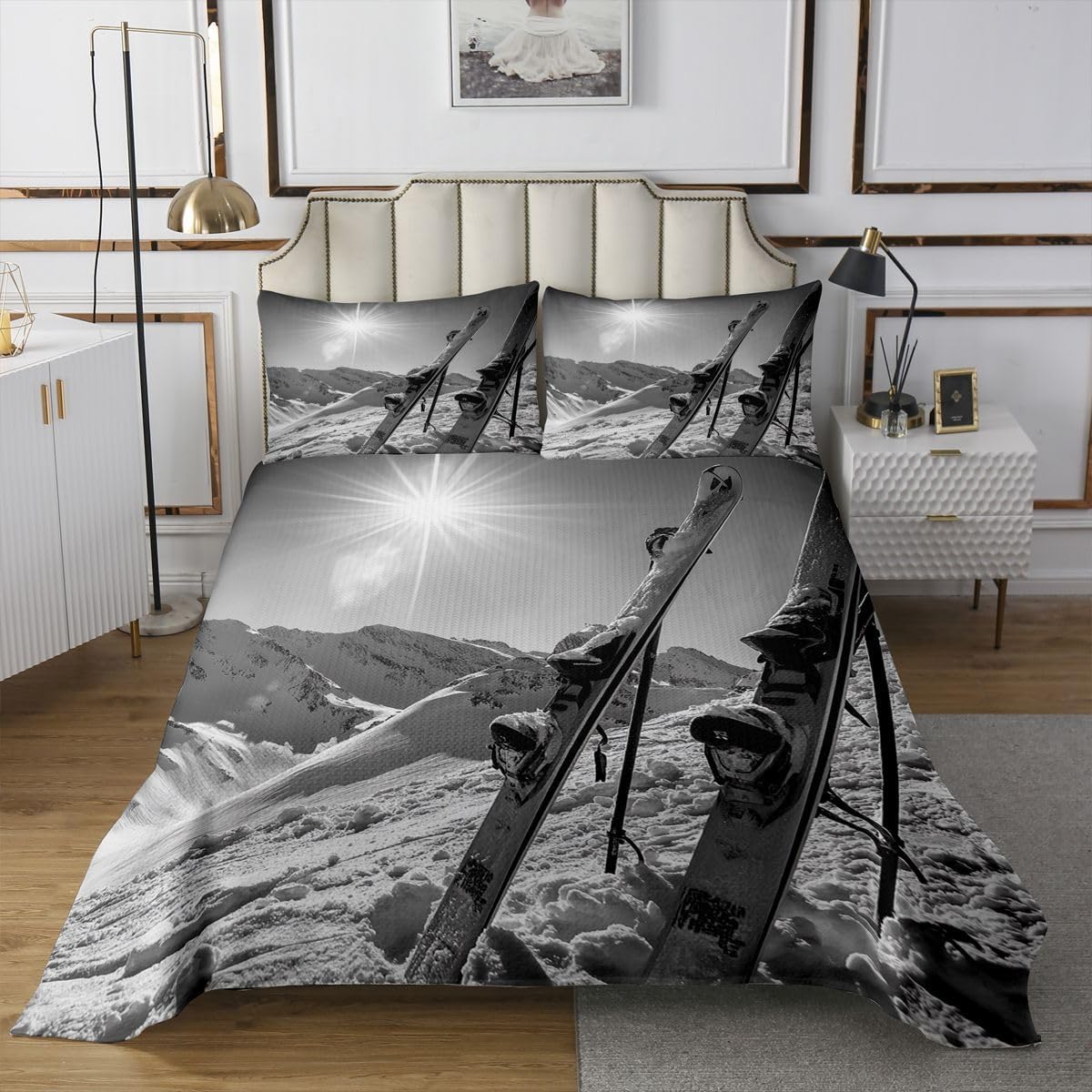 Manfei Ski Sports Bedspread,Winter Extreme Games Quilt Set for Kids Teens,Skiing Sports Style Bedding Set,White Blue 2 Pcs Coverlet Set with 1 Pillow Sham,Twin Size