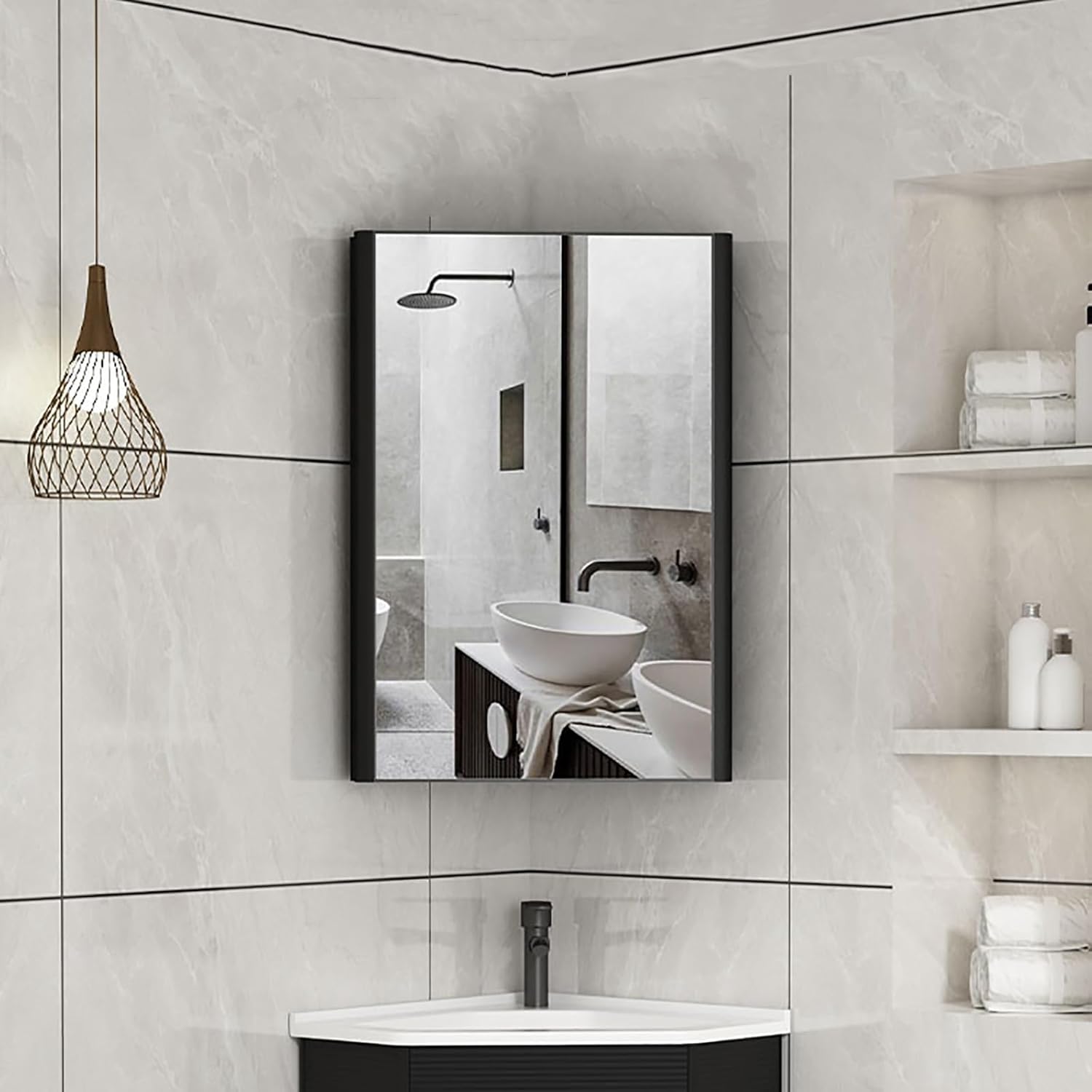 Bathroom Mirror Cabinet, Corner Vanity Mirror for Small Space, Medicine Cabinets, Bathroom Cabinet Wall Mount, Bathroom Mirror with Storage