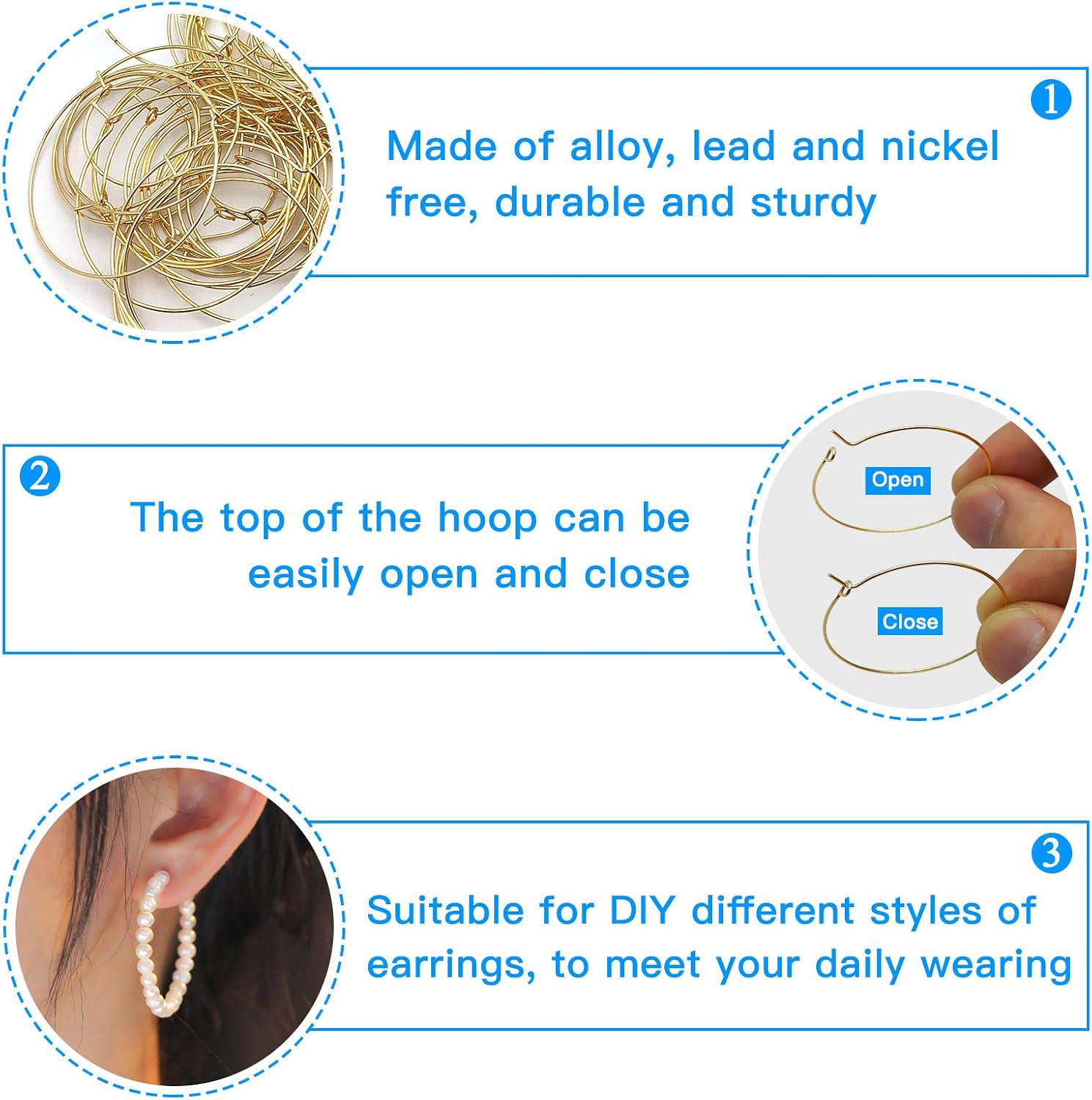 150Pcs Wine Glass Rings 3Sizes Hypoallergenic Hoop Earring Findings Open Earring Beading Hoops Earring Wires for Jewelry Making Earring Rings Wines Glass Accessories for Wedding Birthday Party(K Gold) image 3