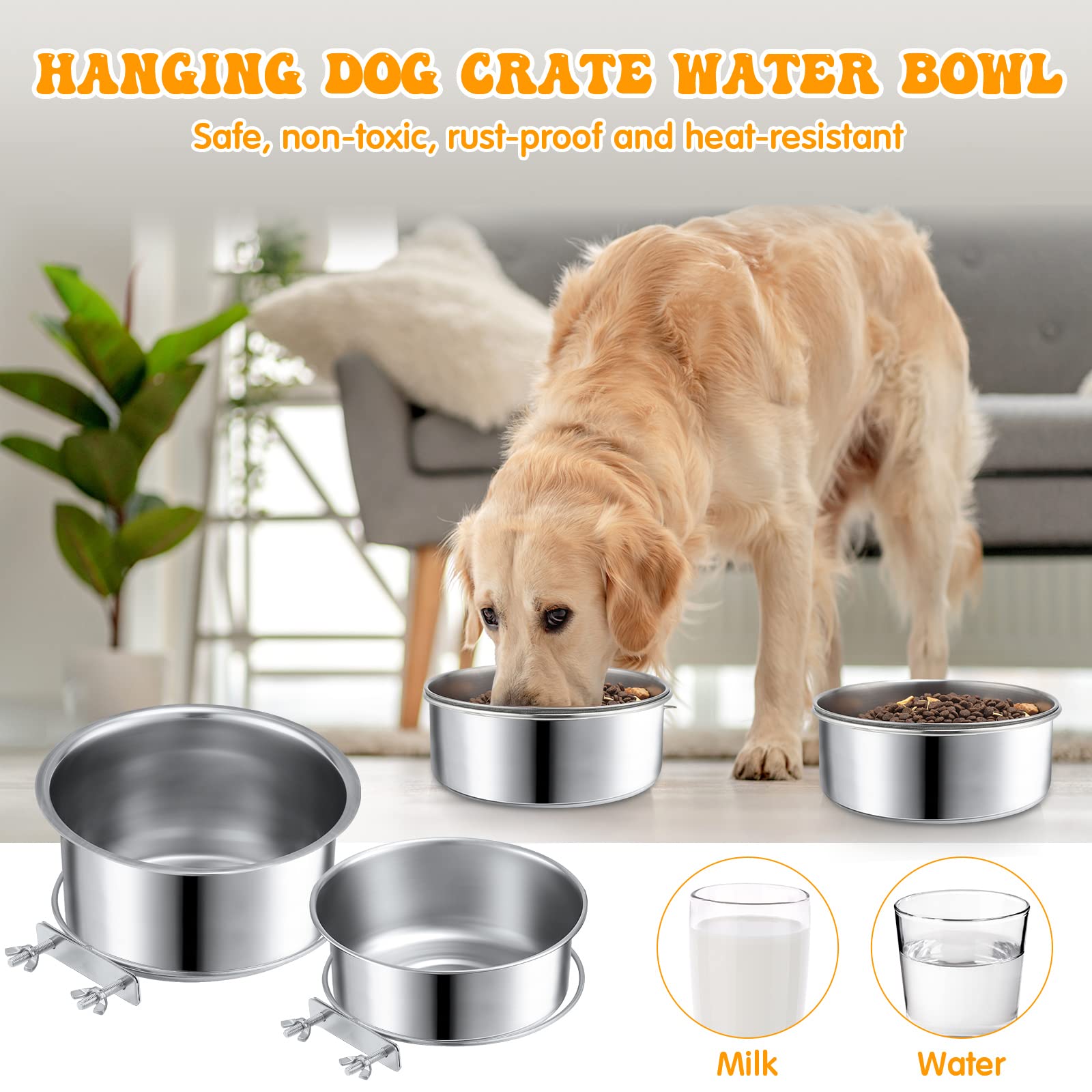 Zopeal 6 tazze da cucina in acciaio inox per animali domestici, con supporto per morsetto, per gatti, cani, casse, gabbie, canili, 2 misure