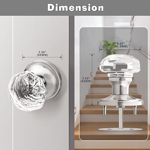 Miniatura 9 de Perillas de puerta de paso de níquel satinado, perilla de puerta de vidrio transparente interior, pomo de puerta de cristal sin llave con cerradura