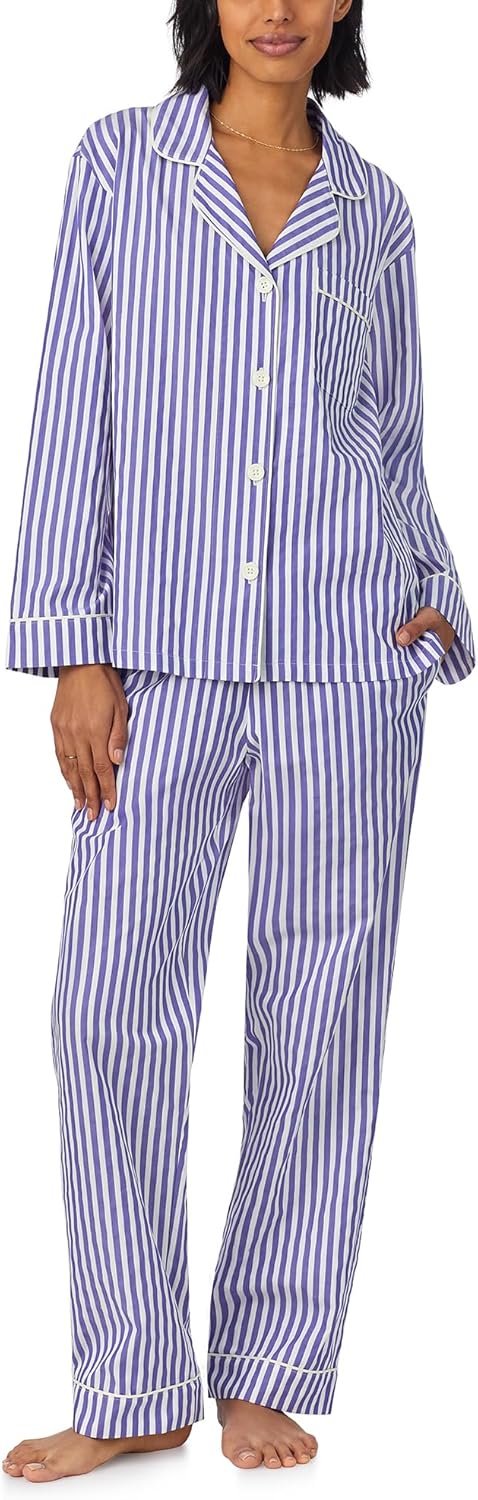 Bed Head PJs Womens Long Sleeve Notch Collar & Full Length Pants Sleepwear Pajama Set, Organic Cotton