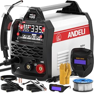 ANDELI 135A MIG Welder 110V/220V, 4-in-1 Pulse Flux Core MIG/Lift Tig/Stick Gasless MIG Welding Machine with Synergy，Large LED Display,2T/4T Full Kit (Bonus Welding Helmet & Gloves)