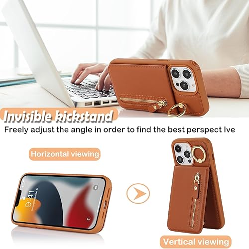 Miniatura 9 de Funda para iPhone 13 Mini con tarjetero para mujer, iPhone 13 Mini Funda para teléfono con tarjeta de crédito con anillo de soporte, cremallera a