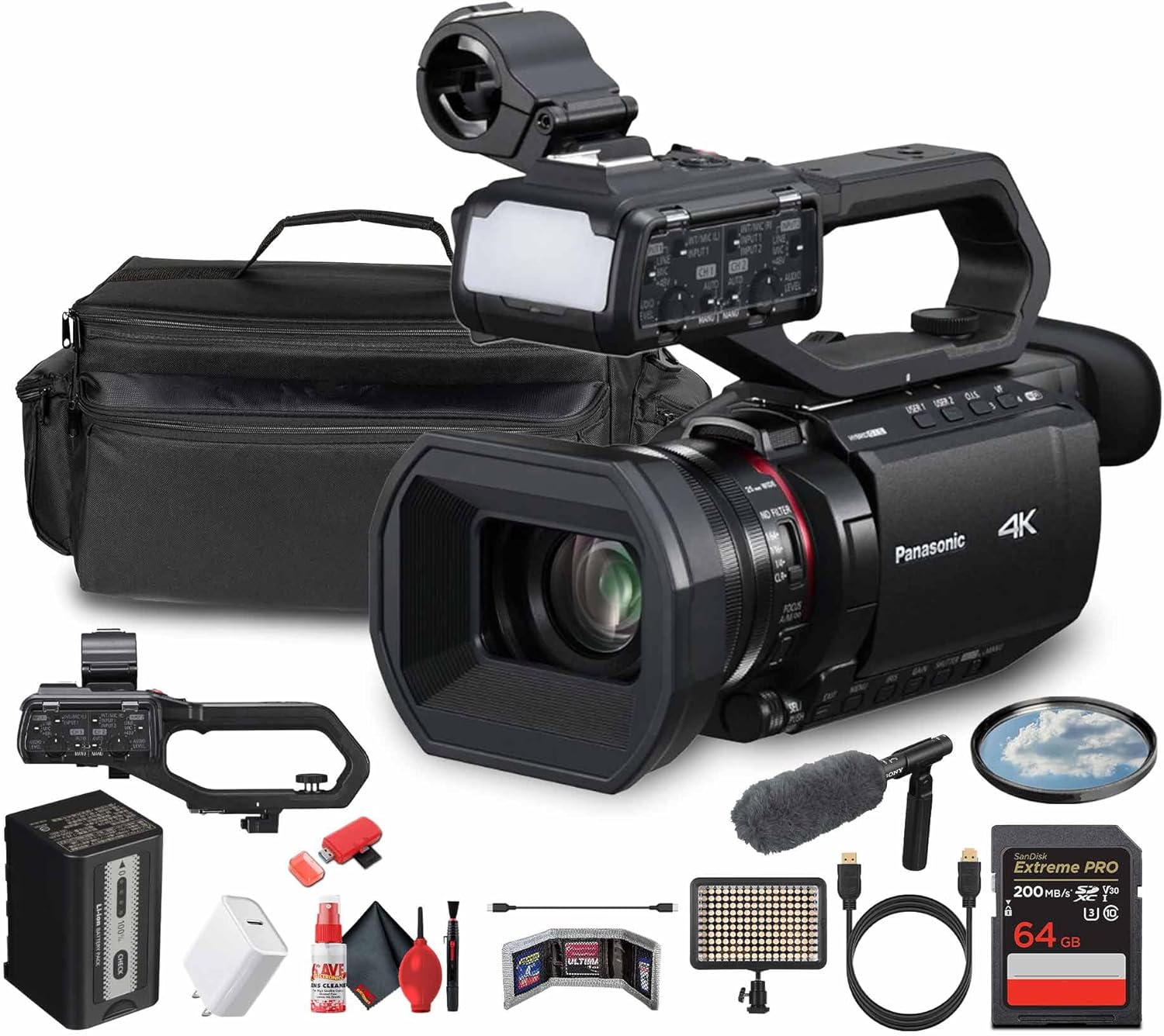 Panasonic HC-X2100 UHD 4K 3G-SDI/HDMI Pro Lightweight Camcorder with 24x Zoom (HC-X2100) + Pro Mic + Case + LED Light + 64GB Memory Card + USB-C Cable + Cleaning Kit + USB-C Adapter + More