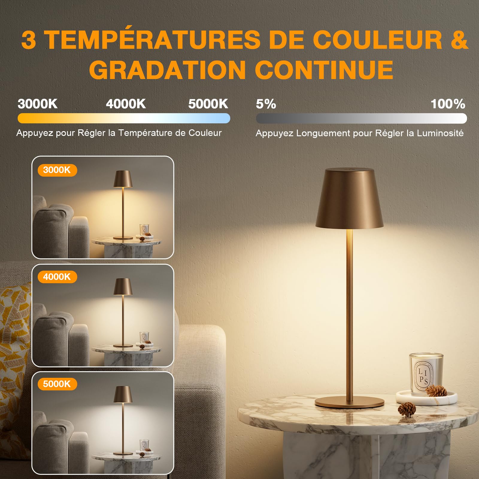 Lampe de Table Sans Fil Lot de 2, Lampe de Chevet Tactile, Marron