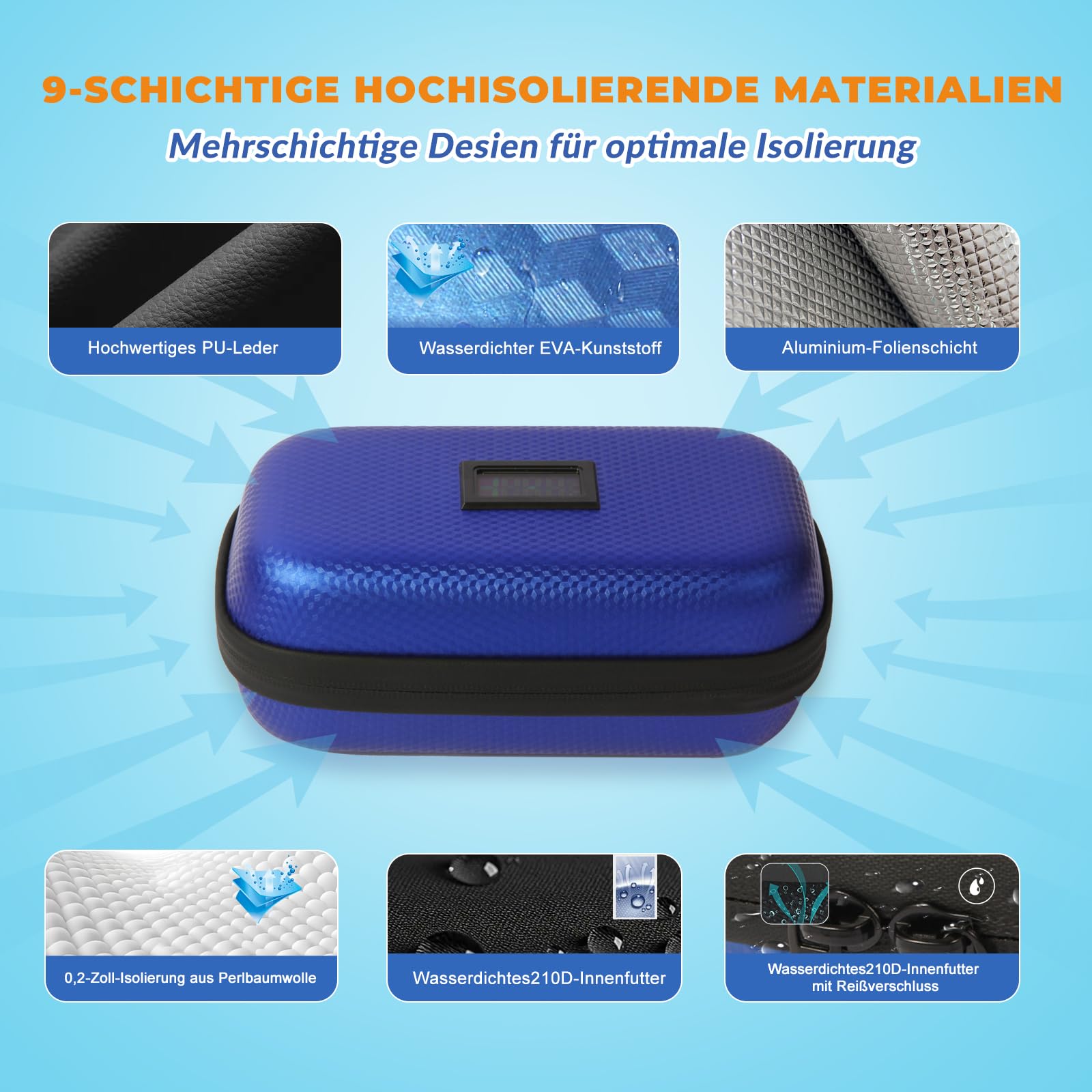 Insulinkühler Reisekoffer TSA genehmigte Medikament Diabetischer Kühler für Reisen mit Thermometer Temperaturanzeige Kühler Medizin Organizer Tasche mit 2-Eis-Pack (blau)