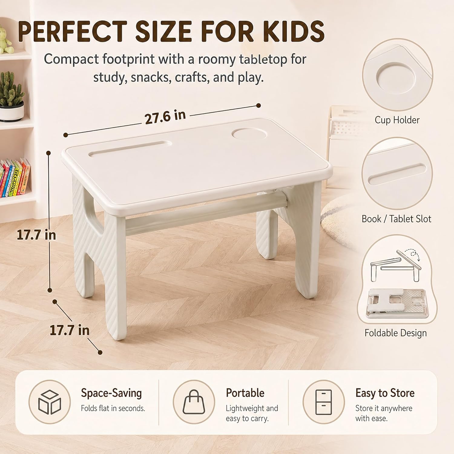 UNICOO Kids Folding Table, Toddler Activity Table for Study, Snack, Art Craft and Play, Portable Plastic Children's Table for Small Spaces, Home and Playroom