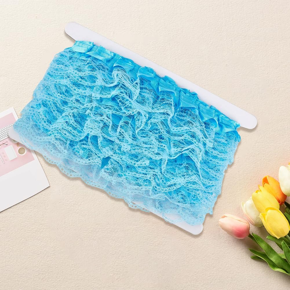 GORGECRAFT 11 Yards Satin Organza Lace Edge Trim 1.77 Inch Pleated Ruffle Chiffon Ribbon Sky Blue Gathered Edging Trimmings Fabric for Cloth Dress Sewing Embroidered Applique Wedding Party Decor