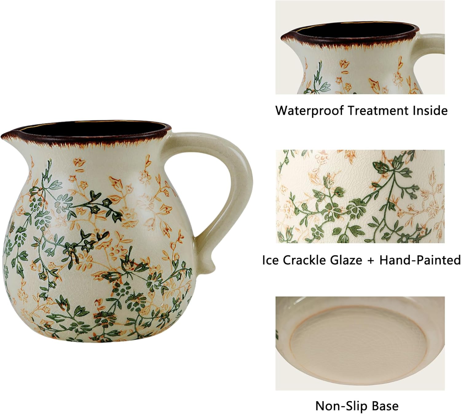 Green and Beige Vintage Vase with Handle, Rustic Ice Glazed Crack Pitcher Ceramic Vase,Farmhouse Vases for Home Decor,Living Room, Dining Room, Office, Bookshelf,Table Centerpiece(H6.3 Inch) - Image 4