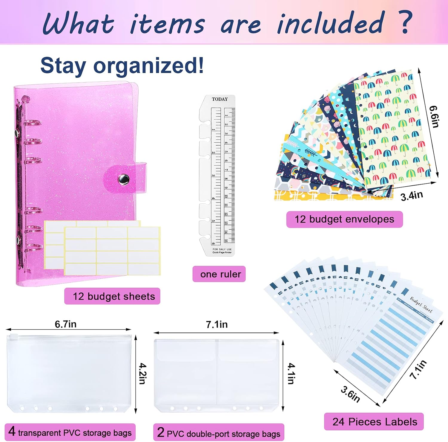 34 Pcs Budget Organizer Binder Cash Envelope System, 12 Pcs Budget Money Envelopes, 12 Expense Budget Sheets, 4 A6 PVC Bags, 2 A6 Storage Bags, 24 Labels, 1 Pack Ruler for Money Planner,Pink-Gold : Office Products