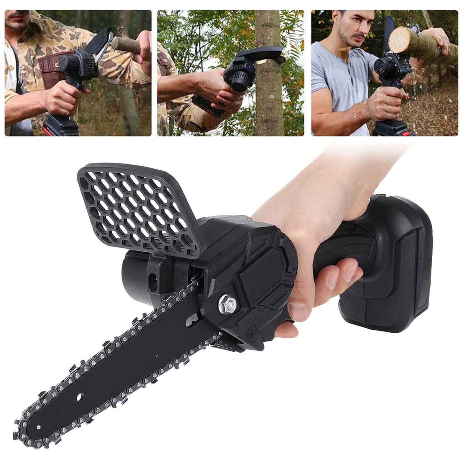 Mini motosierra inalámbrica, sierra de cadena pequeña eléctrica de mano de una mano de 6 pulgadas, batería portátil de 21 V X2, motosierra pequeña operada eléctricamente