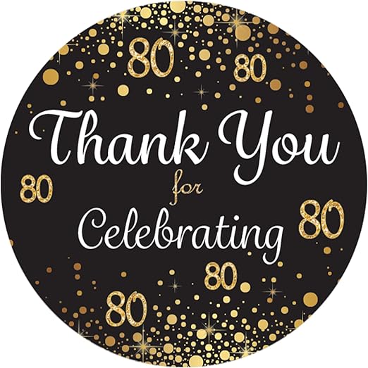 Black and Gold 80th Birthday Party Thank You Stickers - 1.75 in - 40 Labels