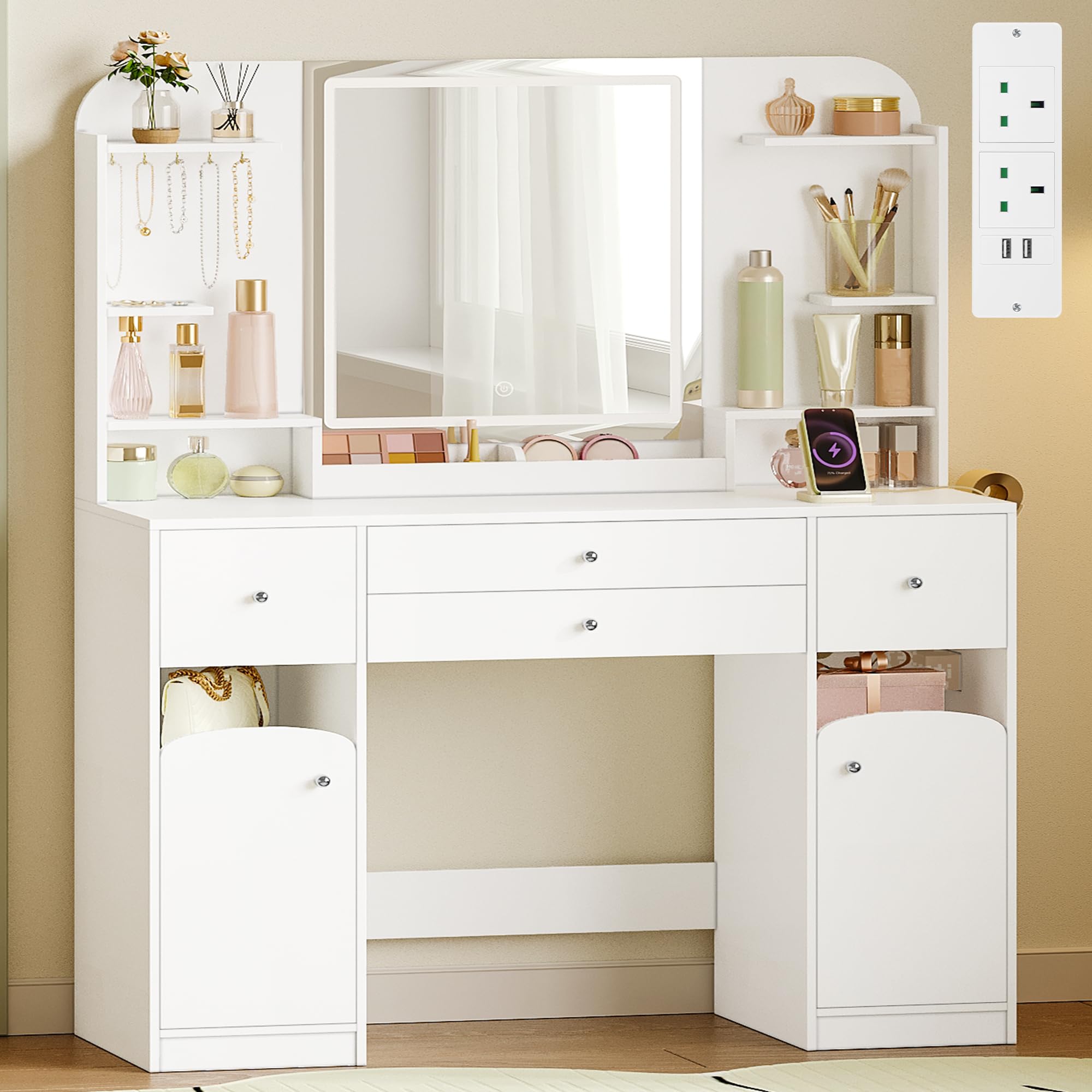 Hzuaneri Dressing Table with Mirror, Vanity Table with Adjustable Brightness, Power Strip, 4 Drawers and 2 Open Cabinets, 5 Jewelry Hooks, Open Compartments, White, DT41703XUK