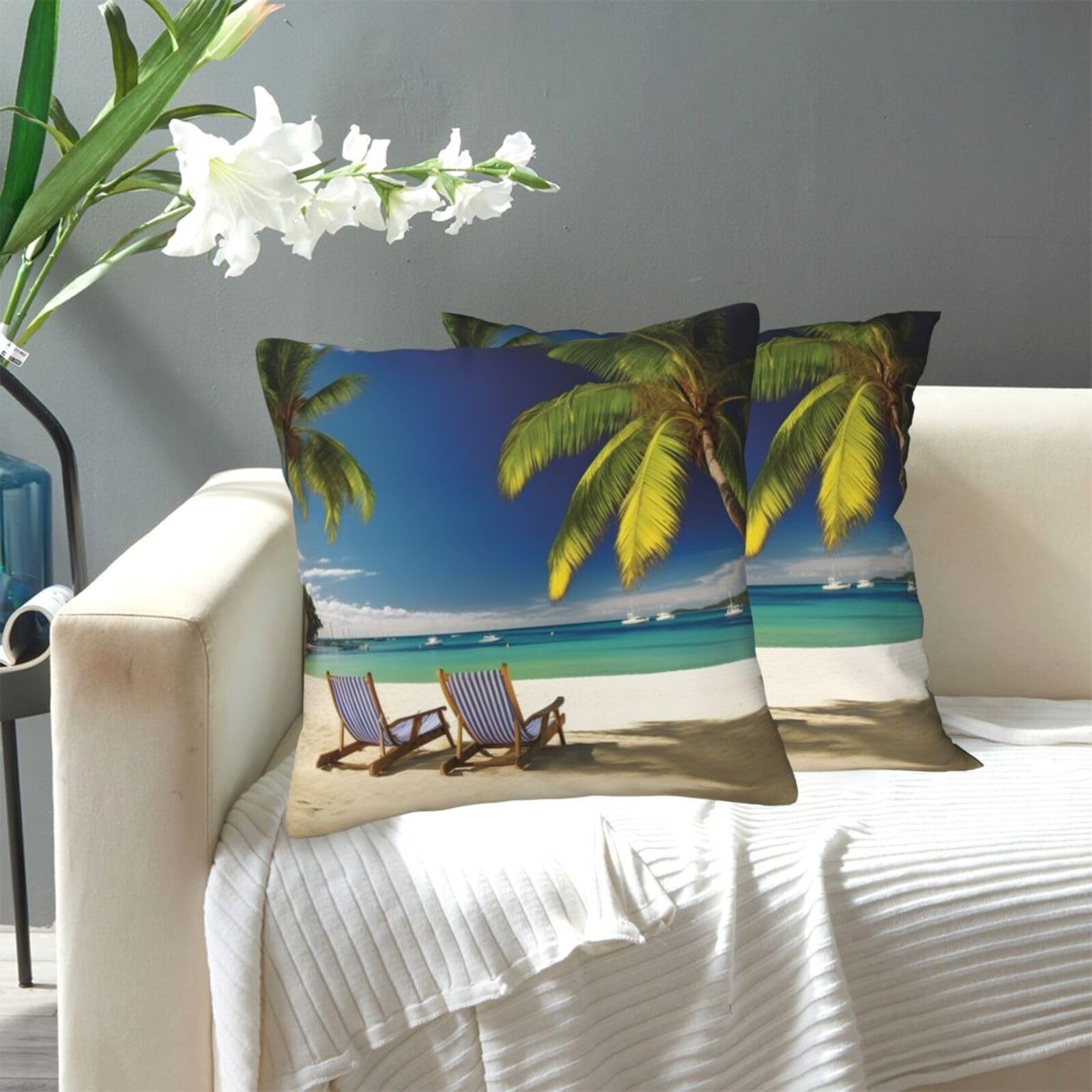 FekiLoot Decorative Throw Pillow Covers Modern Farmhouse Pillowcase Double Sided Cozy Cushion Cover for Sofa Couch Bed 16"X16" Beach Palm Tree Chairs Boats