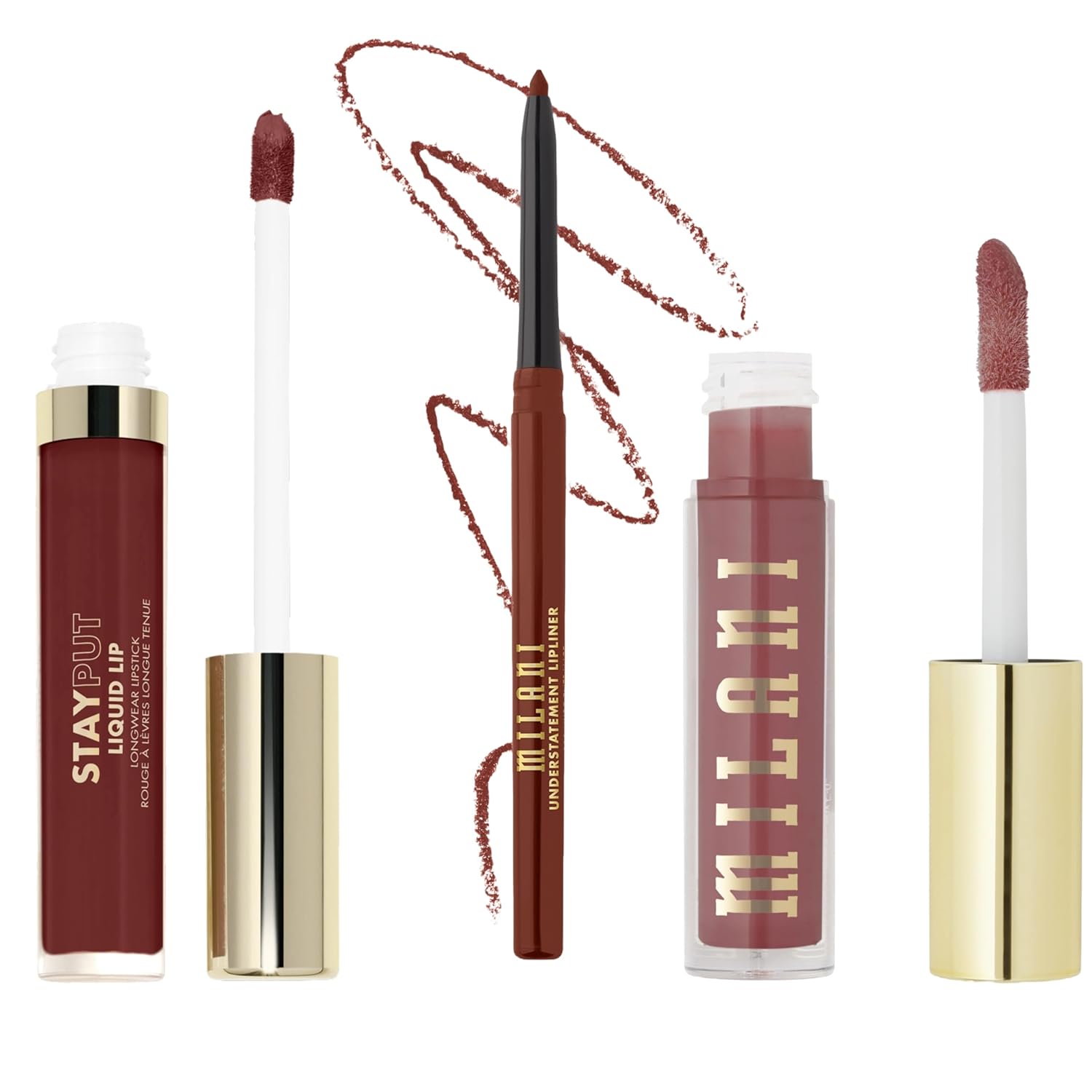 Milani Stay Put Longwear Liquid Lipstick Go Off + Understatement Lipliner Pencil - Highly Pigmented Retractable Soft Lip Liner Pencil + Keep It Full Nourishing Lip Plumper - Rosewood