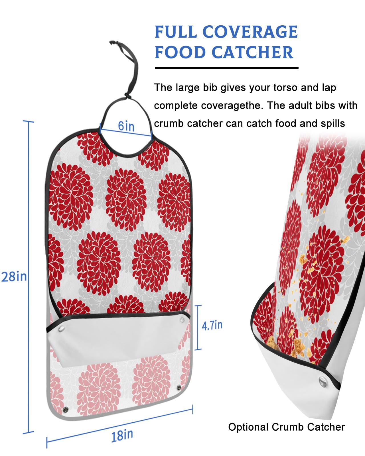 Red Flower Hydrangea Adult Bibs for Eating, Waterproof Bibs with Food Catcher & Adjustable Snap Closure, Simple Grey Shaded Floral Washable Clothing Protectors Adult Bibs for Elderly Women/Men