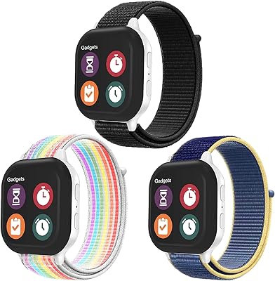 Kuaguozhe 3-Pack Nylon Kids Band Replacement Compatible for Gizmo Watch, Hook & Loop Watch Bands Special Designed for Kids, Compatible with Verizon Gizmo Watch 3/2/1 (Blue+Rainbow+Black)