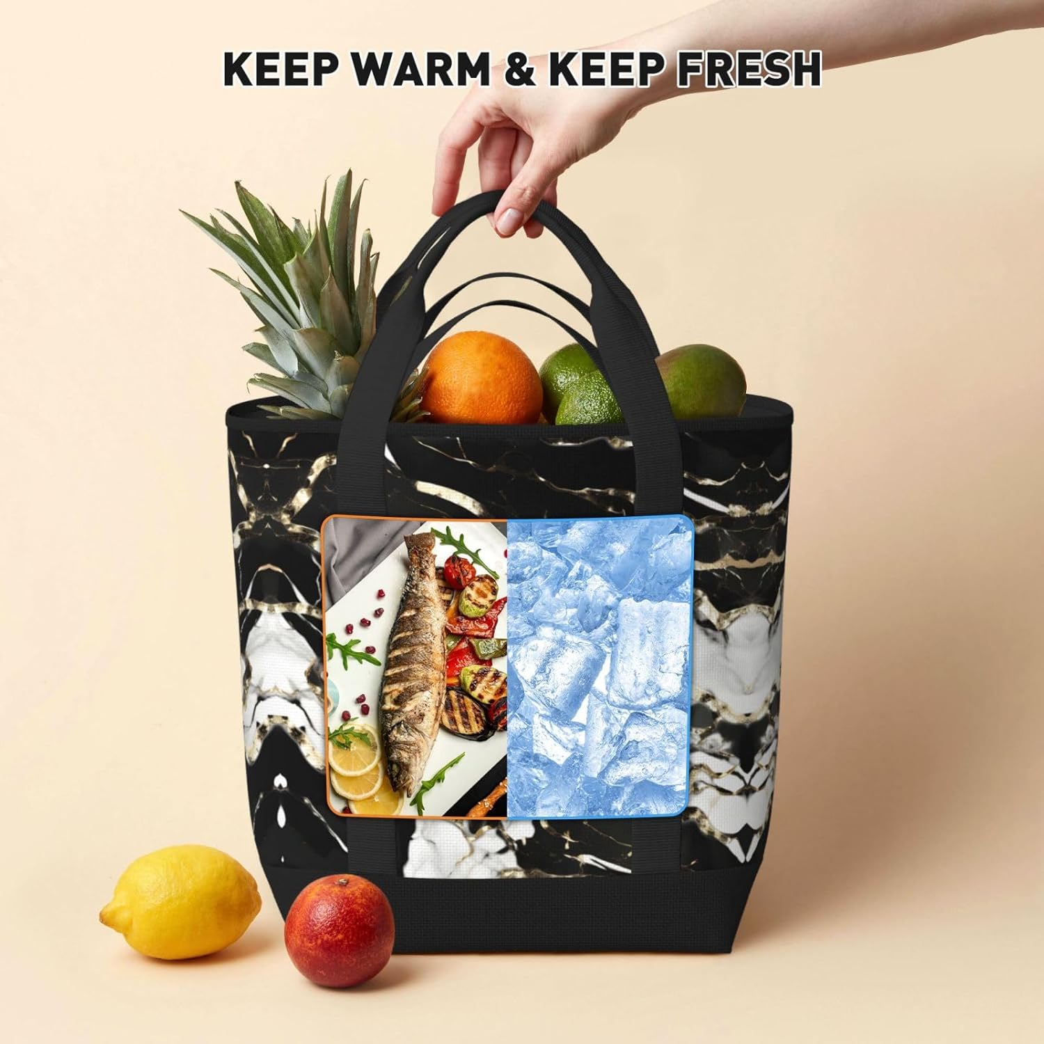 Black And White Marble Texture Print Large Cooler Bag Tote Bag,Reusable Grocery Bag,Lunch Box Bag, For Picnic Beach Camping