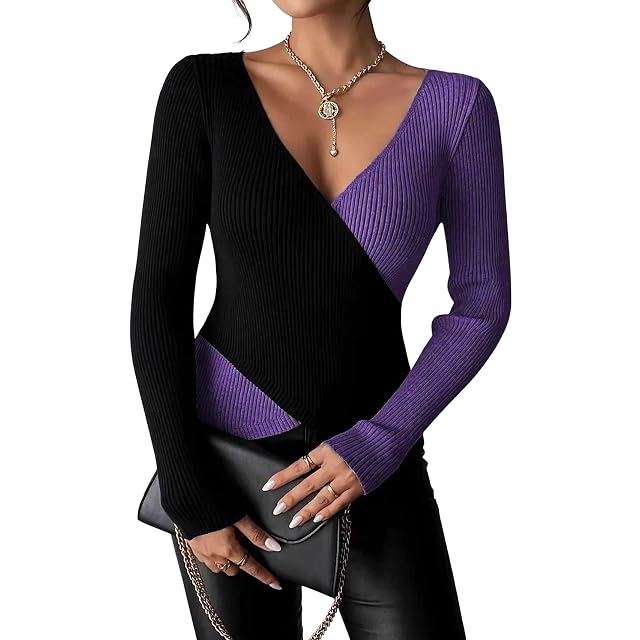 Womens Color Block Sexy Deep Cross V Neck Knitted Sweater Casual Elegant Slim Fit Pullovers Long Sleeve Tops