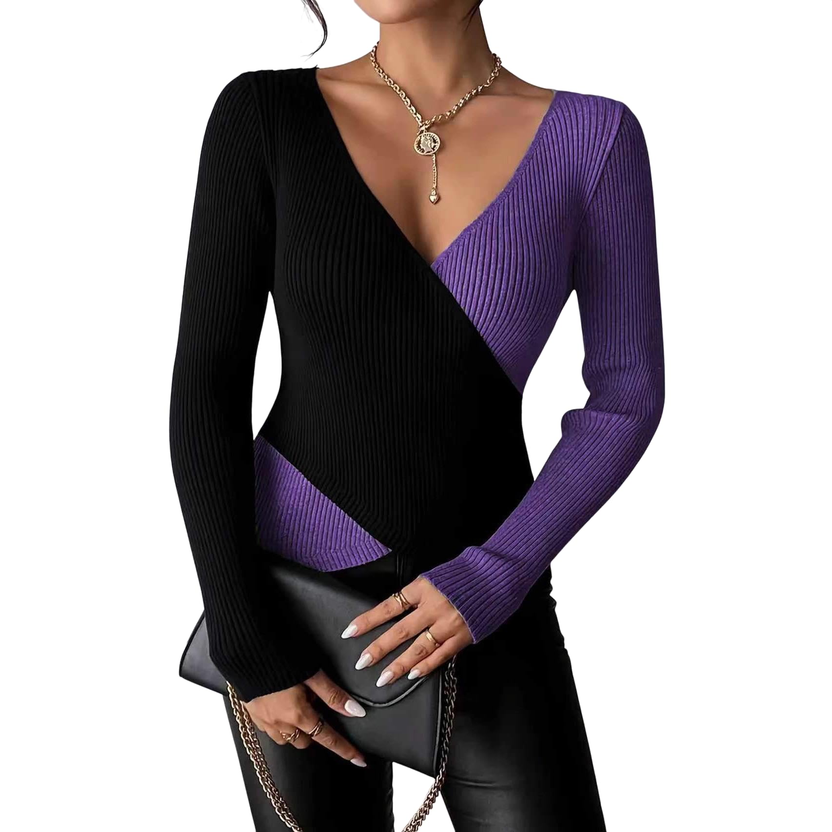 Womens Color Block Sexy Deep Cross V Neck Knitted Sweater Casual Elegant Slim Fit Pullovers Long Sleeve Tops