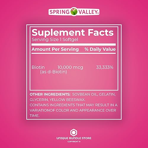 Miniatura 5 de Spring Valley - Cápsulas blandas de biotina de 10000 mcg, 120 unidades, biotina 10000 mcg, suplemento dietético para la salud del cabello, piel y
