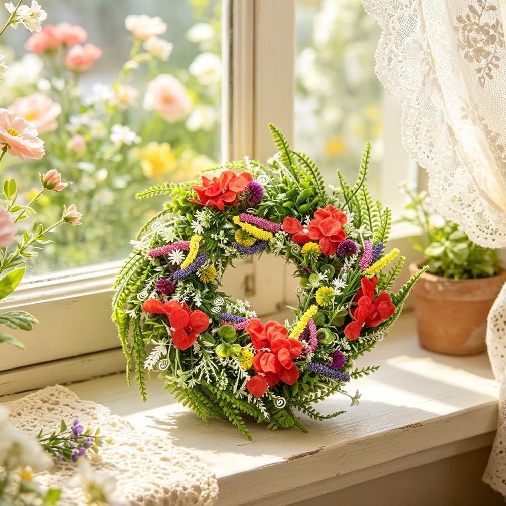 Generisch Ghirlanda per fiori selvatici, 45 cm, in plastica, resistente | Design realistico, mix di fiori selvatici, per interni ed esterni, diametro 45 cm, materiale resistente alle intemperie (45