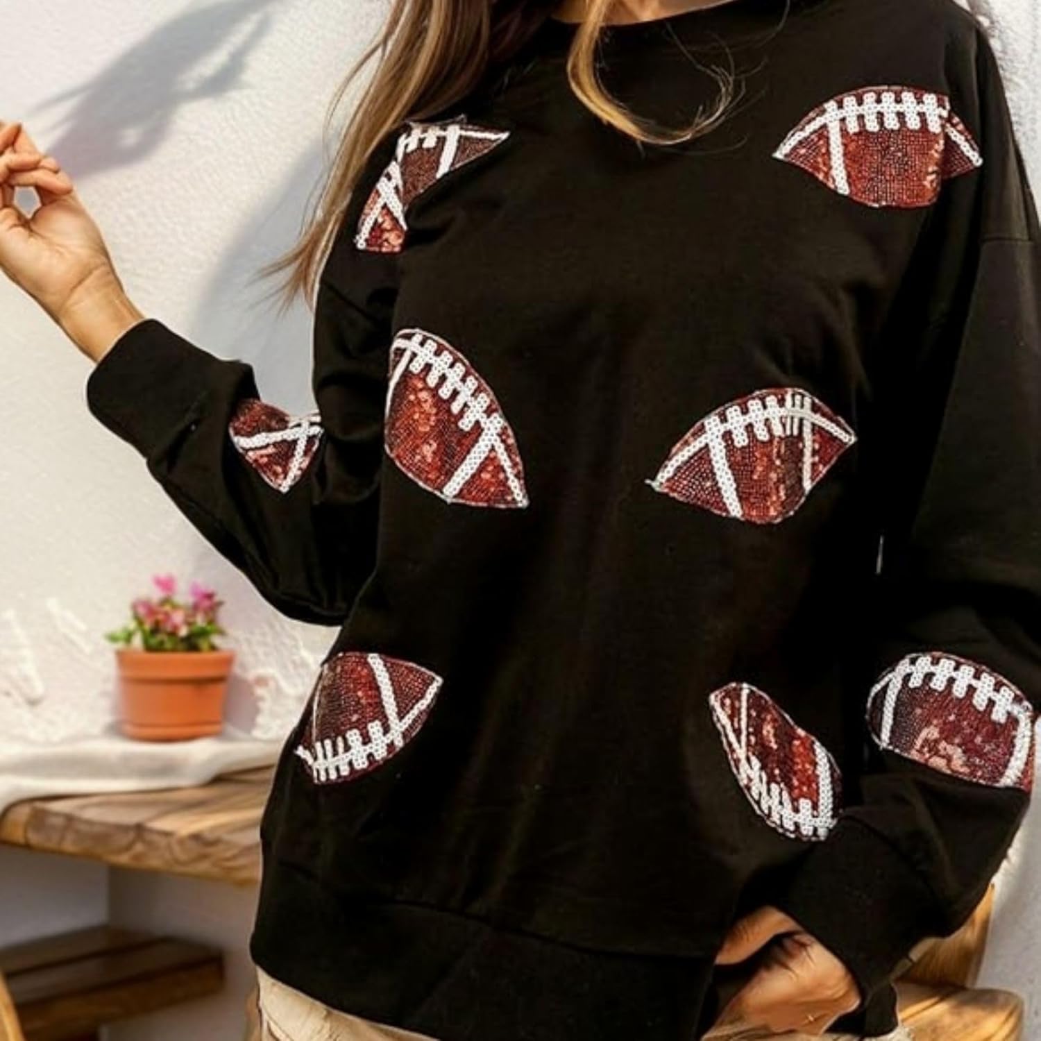 Xunger Women’s Football Print Sequin Sweatshirt Crewneck Oversized Long Sleeve Pullover Tops Gameday Sweatshirts - Image 3