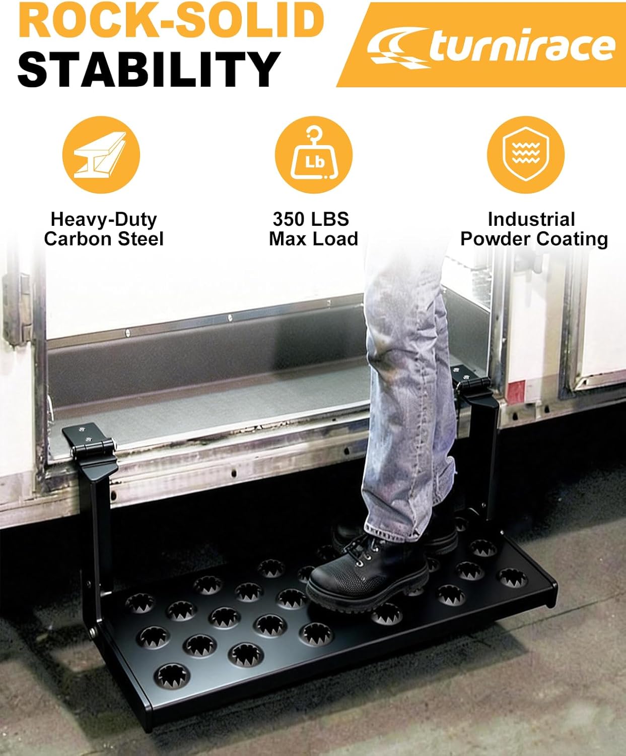 26" W Folding Large Trailer Stair with Quick Release Pins, Hinged RV Step with Hardware for Campers Trucks Entry Platform Ladder - Heavy Duty Punch Plate Non-Slip 350 lb. Capacity