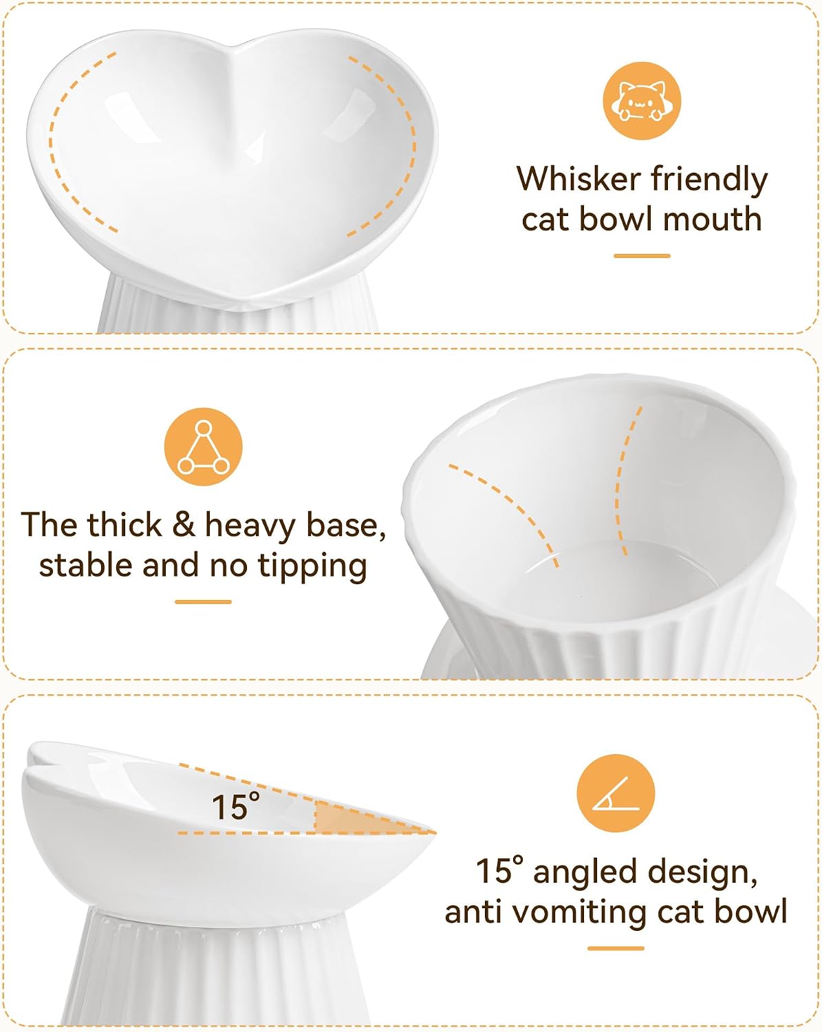 Elevated Cat Food Bowl, Ceramic Titled Whisker Friendly, 5.3in Wide | Wide shallow dish, No whisker fatigue, Raised anti-vomit, Heart shape for indoor, Microwave & dishwasher safe.