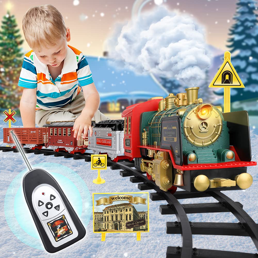Christmas Electric Train Set with Steam, Sound & Light, Remote Control