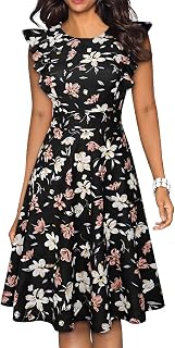 Women's Vintage Ruffle Floral Flared A Line Swing Casual Cocktail Party Dresses