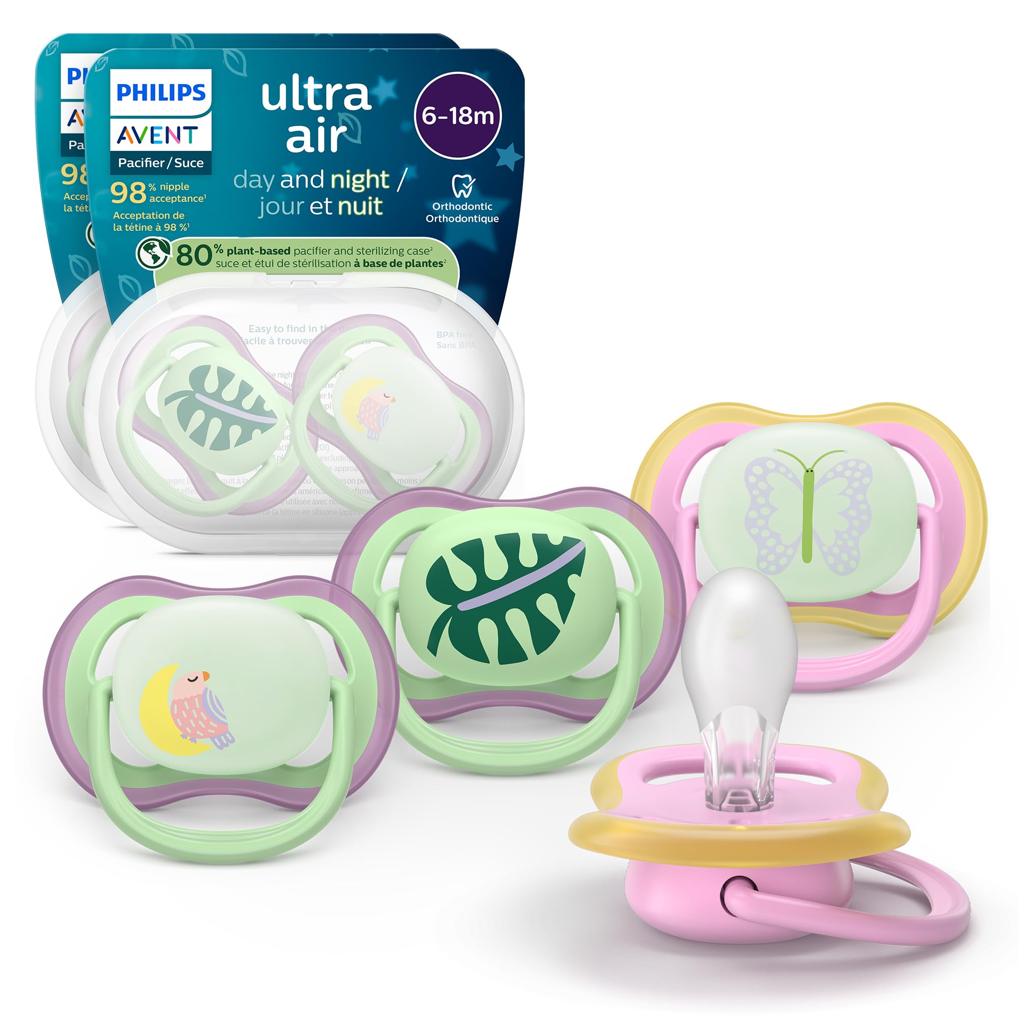 Philips Avent Ultra Air Day & Night Pacifiers - Orthodontic Design, for Babies 6-18 Months, Glow-in-the-Dark Version, Soft Silicone Symmetrical Nipple, BPA-free, 2 Sterilizing Cases, 4 Pack, SCF087/32