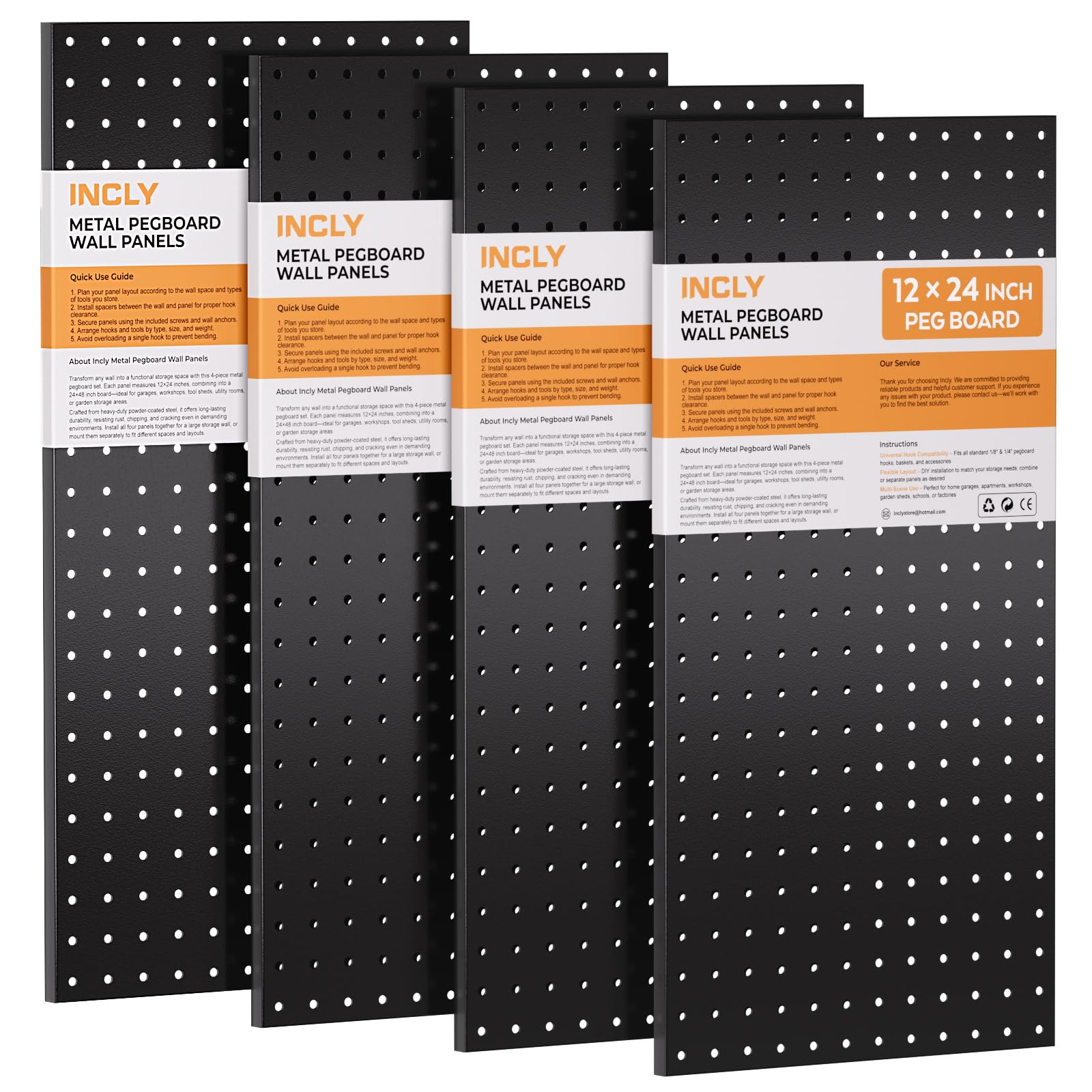 INCLY Paquete de 4 tableros de clavijas, paneles de metal resistente de 12 x 24 pulgadas, organizador de pared de tablero de clavijas negro, paneles de tablero de clavijas para paredes, hogar