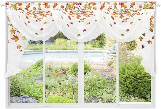 Waterfall Sheer Curtains Valance for Windows, Thanksgiving Day Autumn Swag Valances for Living Room, Orange Falling Maple Leaf Rod Pocket Voile Ruffle Waterfall Valance for Bedroom, 78.74x41.3 Inch