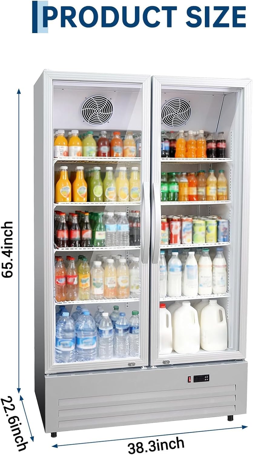 45 Cu ft Commercial Refrigerator Double Door Glass, Heavy-Duty Beverage Cooler Merchandiser with LED Lightbox, Frost-Free Refrigerator for Restaurant, Bar, Store, Adjustable Shelves