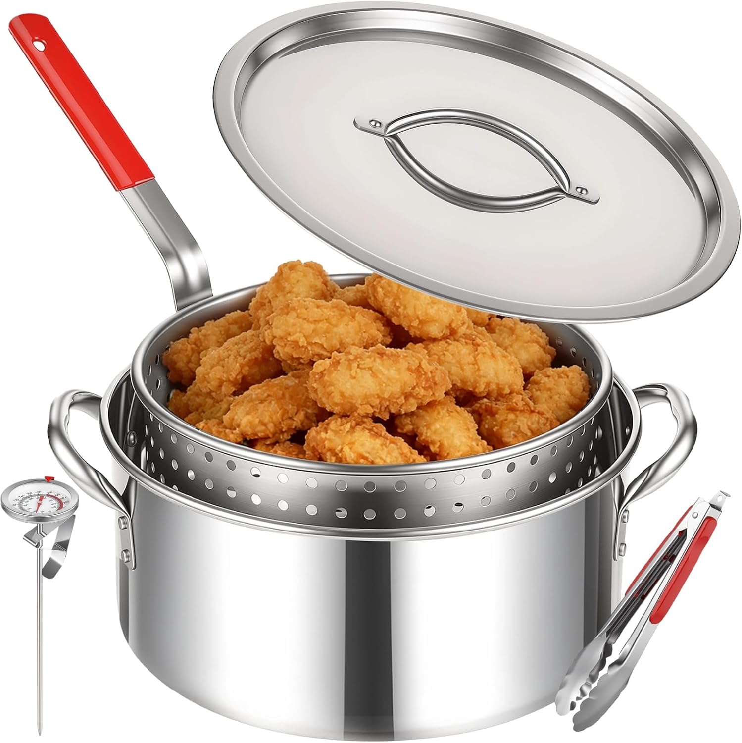 10 QT Stainless Steel Deep Fryer Pot with Basket Lid Tongs Thermometer, Fish Fryer Set for Propane and Gas Stoves, Not for Induction or Electric Cooktops
