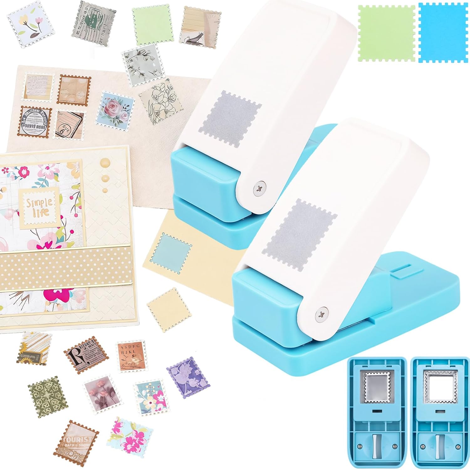 2 Pcs Large Stamp Punch, 1.5 inch Square Stamp Punch & 1.5x1.25inch Rectangular Postage Stamps Punches, Lever Paper Punches for Crafting, Craft Hole Puncher, Large Craft Puncher Stamps for Crafting