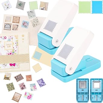 2 Pcs Stamp Punch, 1 Inch Square Stamp Punch & 1X0.8 Inch Rectangular Postage Stamps Punches, Stamps Shaped Paper Puncher, Portable Lever Action Craft Punches for Paper Crafting DIY Scrapbooking