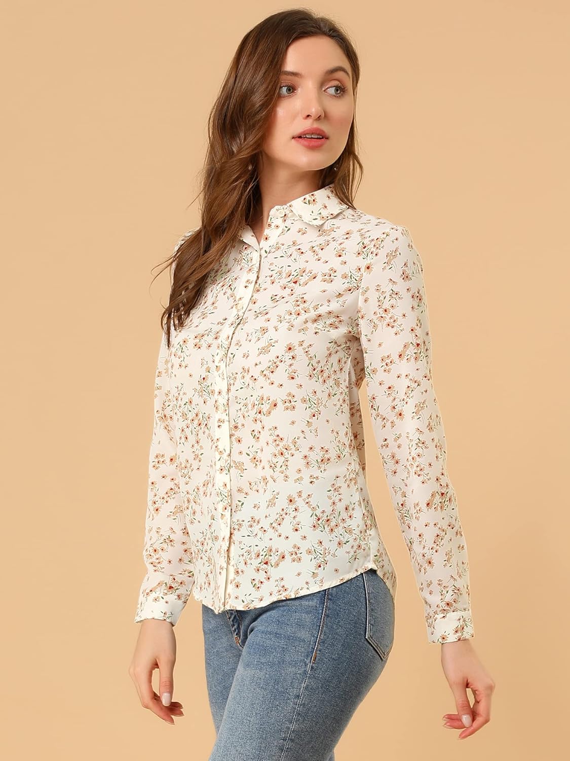 Allegra K Women's Button Down Shirt Work Office Tops Long Sleeve Point Collar Floral Blouse - Image 4