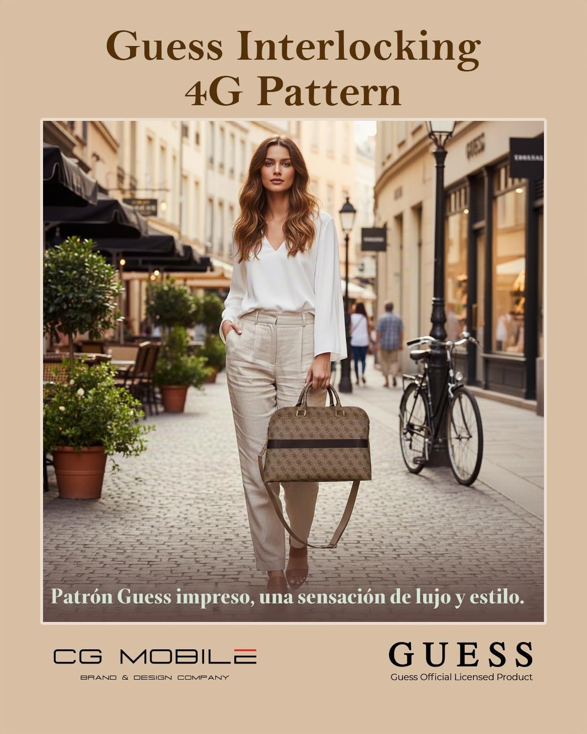 CG MOBILE Funda para portátil Guess 4G con cremallera y logotipo triángulo de 15 pulgadas (marrón)