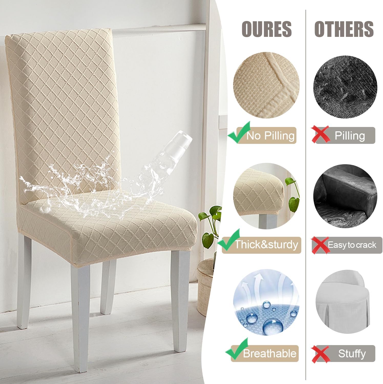 Waterproof Chair Covers for Dining Chairs Set of 6 Easy to Install and Wash, Stretch Kitchen Chair Covers with Nice Color, Restitant Matrial for Home, Hotel, Banquet (6, Beige, Normal)