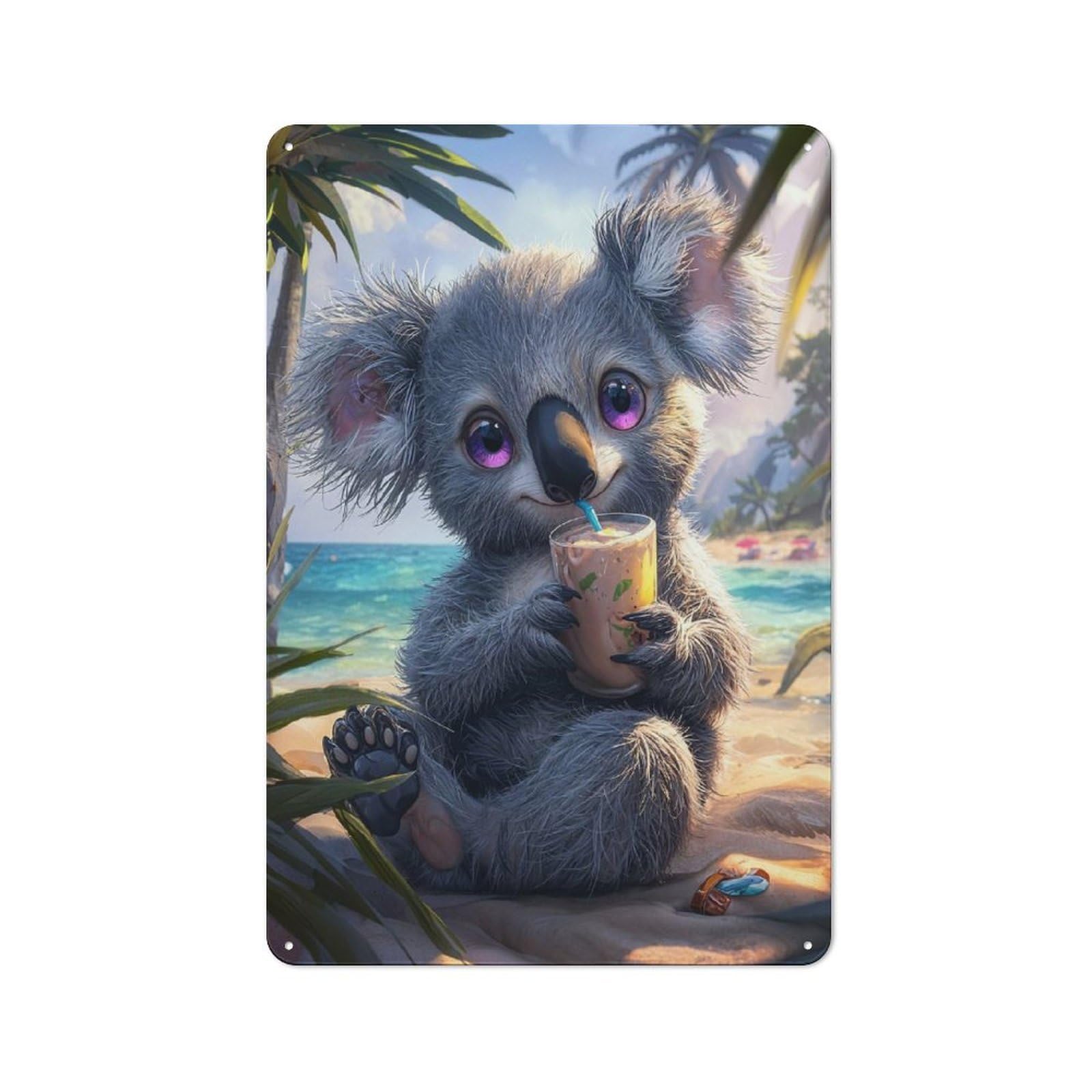 Junmoney Style-1 Industrial Metal Sign With Cute Koala On Beach Design 30X20cm, Modern Retro Loft Wall Plaque For Workspace, Cafe, Hallway Or Garage