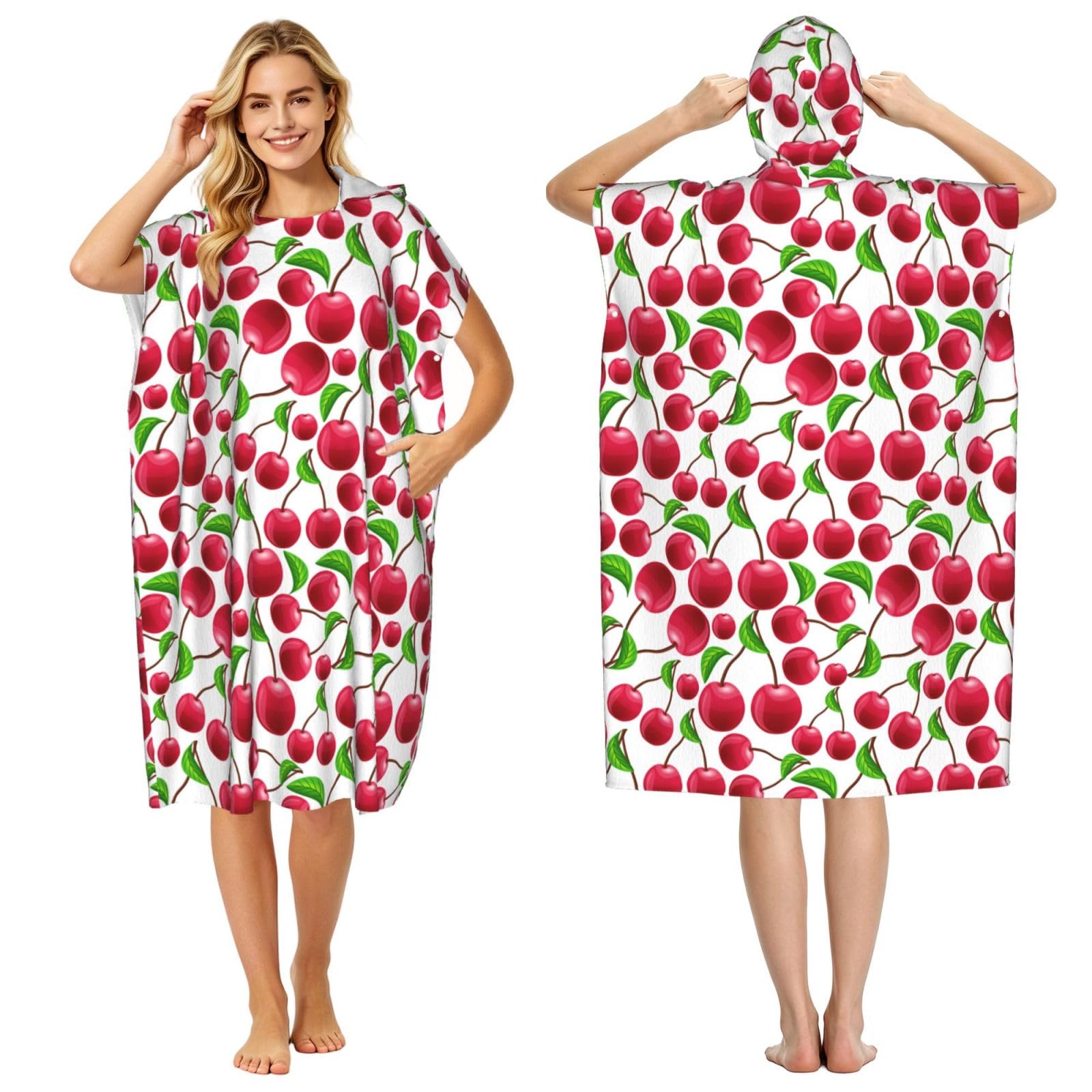 Poadnly Red Cherries Printed, Adult Hooded Beach Towel 90 x 110 cm,Changing Bath Robe, Surf Poncho Towel For Women Men