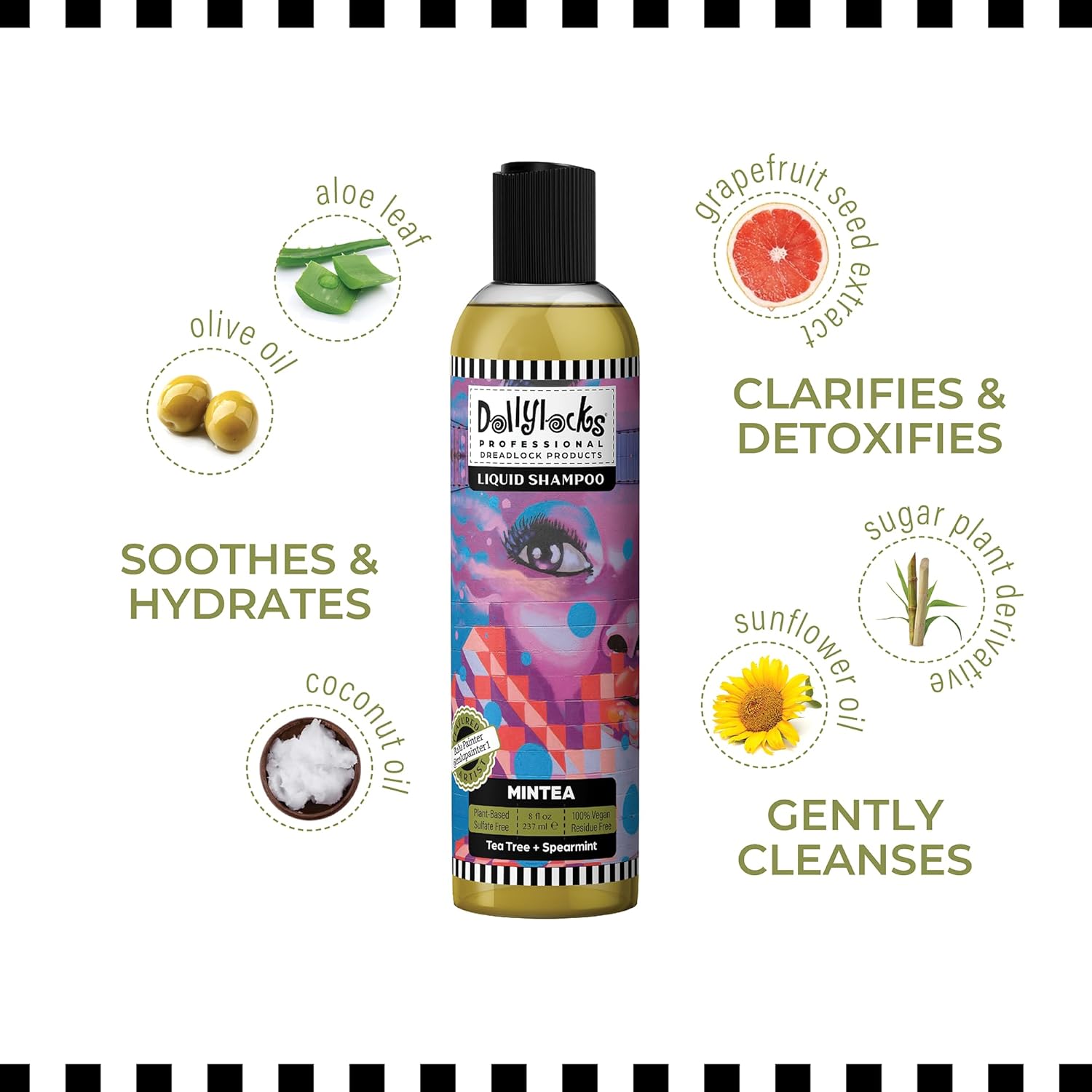 Dollylocks Clarifying Liquid Shampoo | Tea Tree Spearmint | Paraben-free, Plant-Based, Vegan, Residue-Free Loc, Braid, Dreadlock Care | All hair types | 8oz