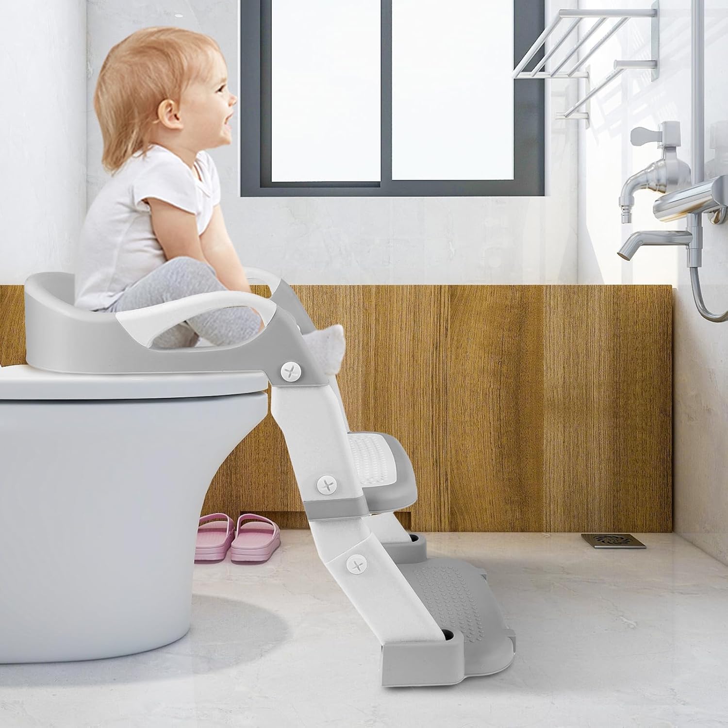 Potty Training Seat with Step Stool Ladder, Height Adjustable Potty Training Toilet for Kids Boys Girls, SafePotty Seat with Nonslip Pad, Foldable Toddler Toilet Seats for Toddlers(Grey)