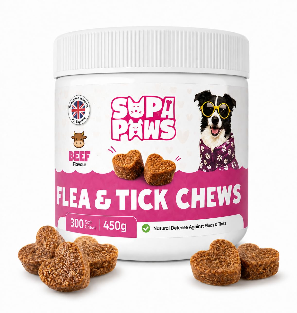 Supa Paws 300 Chews Flea & Tick Chews for Dogs Natural Dog Flea and Tick Chewables Support Healthy Skin & Coat Puppy Multivitamins Oral Flea Supplement for All Dogs 300 Count, Beef Flavor, 450g