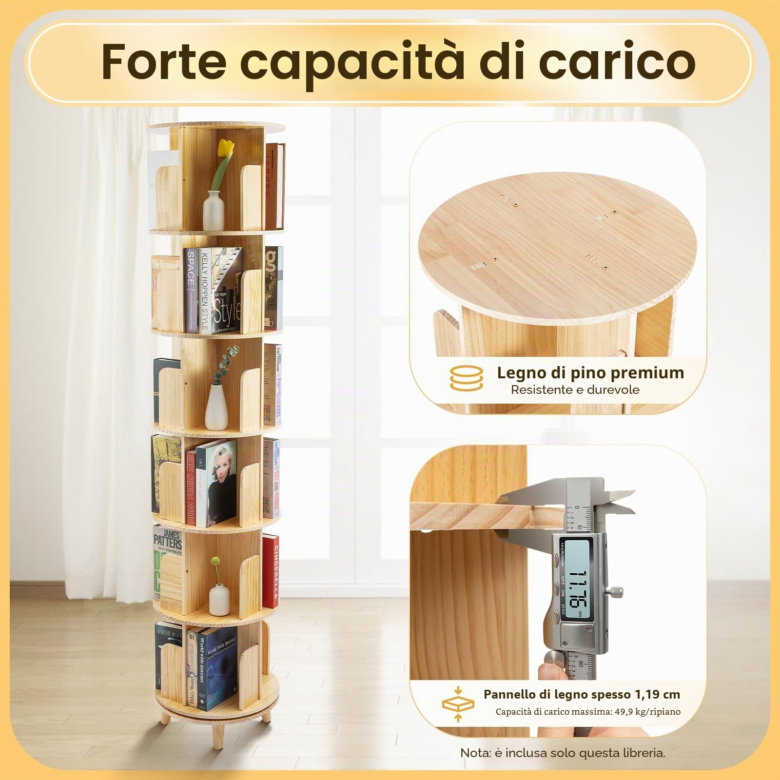 Libreria girevole a 6 livelli, a 360 annunci, a torre, in legno massiccio, girevole, per corridoi, balconi, camera da letto, organizer multifunzione, altezza dello strato 31 cm
